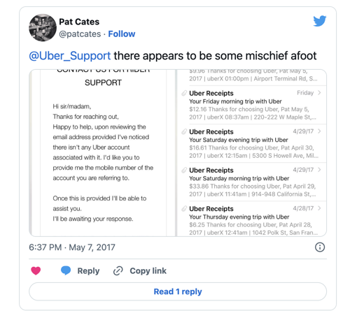 Screenshot of Pat Cates tweet to Uber Support saying there appears to be some mischief afoot